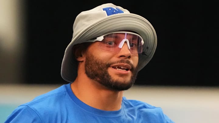 Feb 1, 2026; San Francisco, CA, USA; Dallas Cowboys quarterback Dak Prescott (4) during NFC practice at the Flag Fieldhouse Moscone Center South Building. Mandatory Credit: Kirby Lee-Imagn Images Feb 1, 2026; San Francisco, CA, USA; Dallas Cowboys quarterback Dak Prescott (4) during NFC practice at the Flag Fieldhouse Moscone Center South Building. Mandatory Credit: Kirby Lee-Imagn Images