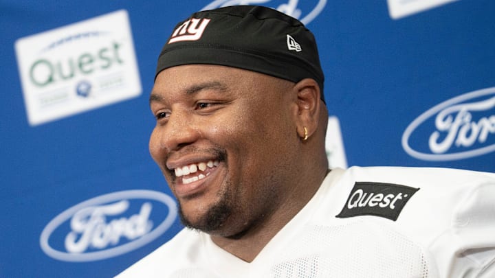 New York Giants defensive tackle Dexter Lawrence II (97) speaks at a press conference during day one of the New York Giants training camp at Quest Diagnostics Giants Training Center in East Rutherford on Wednesday, July 23, 2025.