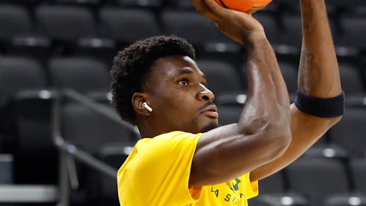 Nov 9, 2025; Waco, Texas, USA;  Baylor Bears guard Tounde Yessoufou (24) during warmups ahead of the game against the Washington Huskies at Paul and Alejandra Foster Pavilion. Mandatory Credit: Chris Jones-Imagn Images