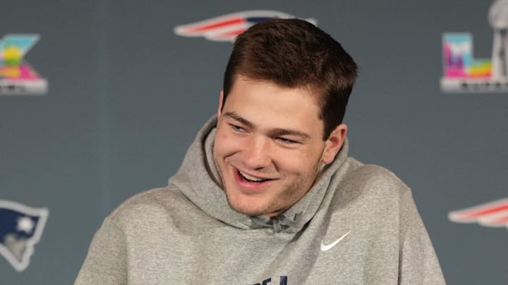 Feb 5, 2026; Santa Clara, CA, USA; New England Patriots quarterback Drake Maye (10) talks to media members at the Santa Clara Marriott. Mandatory Credit: Darren Yamashita-Imagn Images