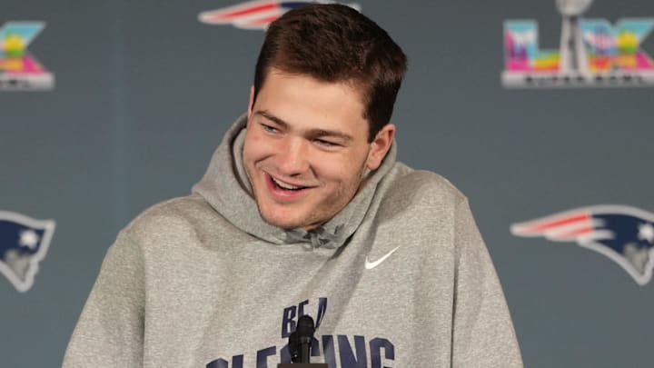 Feb 5, 2026; Santa Clara, CA, USA; New England Patriots quarterback Drake Maye (10) talks to media members at the Santa Clara Marriott. Mandatory Credit: Darren Yamashita-Imagn Images