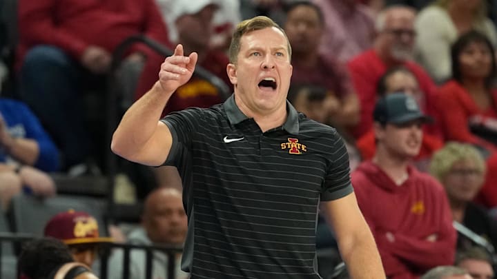 Nov 24, 2025; Las Vegas, Nevada, USA; Iowa State Cyclones head coach T.J. Otzelberger reacts against the St. John's Red Storm in a 2025 Players Era Festival group play game at Michelob Ultra Arena. 