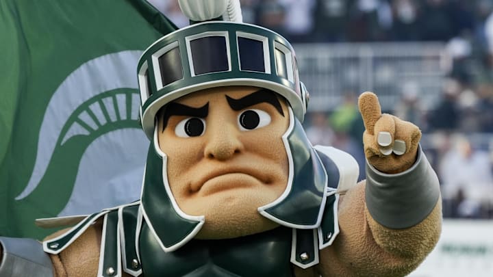 Aug 29, 2025; East Lansing, Michigan, USA; Sparty, the mascot of the Michigan State Spartans takes the field at Spartan Stadium. Mandatory Credit: Brendan Mullin-Imagn Images