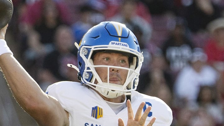 Sep 27, 2025; Stanford, California, USA;  San Jose State Spartans quarterback Walker Eget (5) throws the football during the first quarter against the Stanford Cardinal at Stanford Stadium. Mandatory Credit: Stan Szeto-Imagn Images

