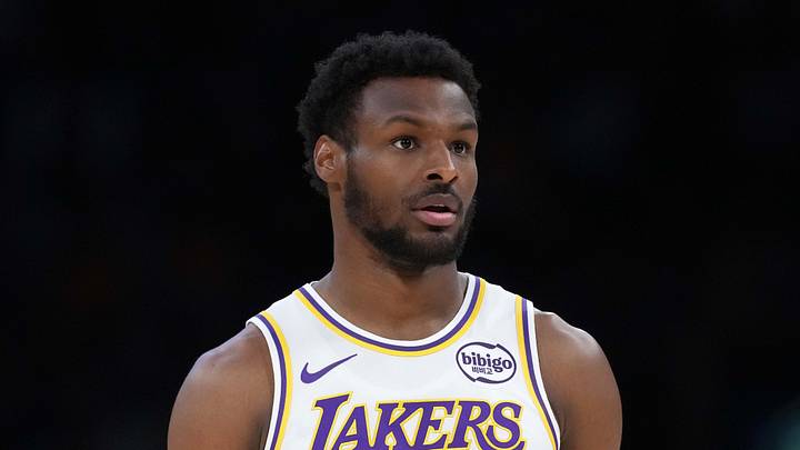 Apr 12, 2026; Los Angeles, California; Los Angeles Lakers guard Bronny James (9) reacts in the first half against the Utah Jazz at Crypto.com Arena. Mandatory Credit: Kirby Lee-Imagn Images