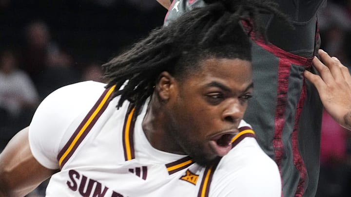 ASU Sun Devils forward Allen Mukeba (23) drives in to the lane against the Oklahoma Sooners at Mortgage Matchup Center on Dec. 6, 2025, in Phoenix, Arizona.
