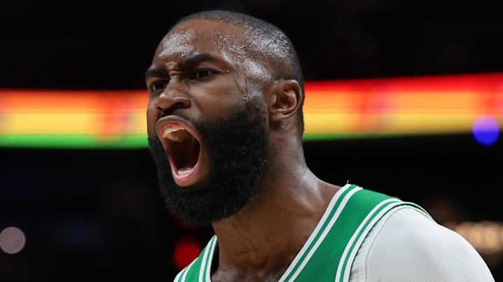Apr 1, 2026; Miami, Florida, USA; Boston Celtics guard Jaylen Brown (7) reacts against the Miami Heat during the third quarter at Kaseya Center. Mandatory Credit: Sam Navarro-Imagn Images