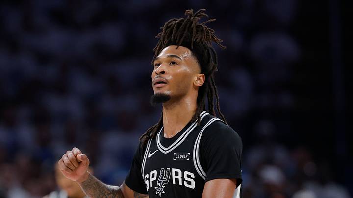 May 26, 2026; Oklahoma City, Oklahoma, USA; San Antonio Spurs guard Stephon Castle (5) reacts after a play during the third quarter against the Oklahoma City Thunder in game five of the western conference finals for the 2026 NBA playoffs at Paycom Center. Mandatory Credit: Alonzo Adams-Imagn Images