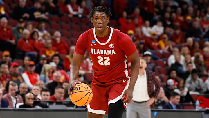 Mar 27, 2026; Chicago, IL, USA;  Alabama Crimson Tide forward Aiden Sherrell (22) looks on in the first half against the Michigan Wolverines during a Sweet Sixteen game of the Midwest Regional of the men's 2026 NCAA Tournament at United Center. Mandatory Credit: Kamil Krzaczynski-Imagn Images