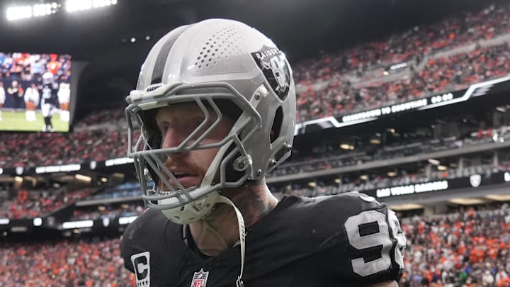 Dec 7, 2025; Paradise, Nevada, USA;  Las Vegas Raiders defensive end Maxx Crosby (98) on the field prior to a game against the Denver Broncos at Allegiant Stadium. Mandatory Credit: Kirby Lee-Imagn Images