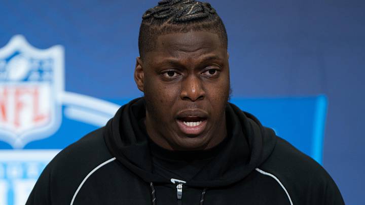 Feb 28, 2026; Indianapolis, IN, USA; Oregon offensive lineman Emmanuel Pregnon (OL40) speaks to members of the media during the NFL Combine at the Indiana Convention Center. Feb 28, 2026; Indianapolis, IN, USA; Oregon offensive lineman Emmanuel Pregnon (OL40) speaks to members of the media during the NFL Combine at the Indiana Convention Center.