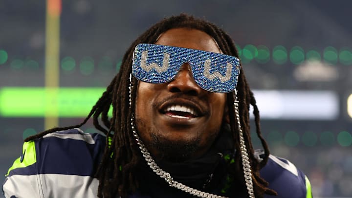 Seattle Seahawks cornerback Riq Woolen celebrates following an NFC Divisional Round game.