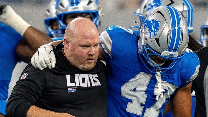 Detroit Lions linebacker Ezekiel Turner (47) walks off the field with an injury during the second half of the pre-season game against the Houston Texans at Ford Field in Detroit on Saturday, Aug. 23, 2025.