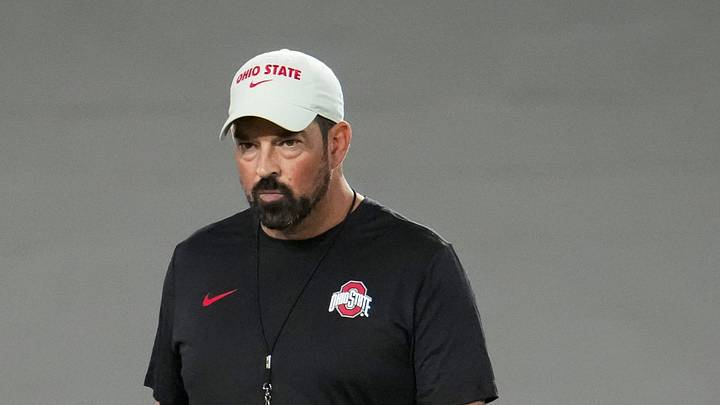 Ohio State Buckeyes head coach Ryan Day watches during football training camp inside the Woody Hayes Athletic Center in Columbus on Aug. 7, 2026.