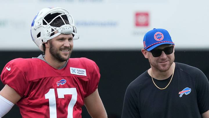 Bills quarterback Josh Allen talks with head coach Joe Brady during the final day of Buffalo Bills training camp at St. John Fisher University Friday, August 7, 2026 in Pittsford.