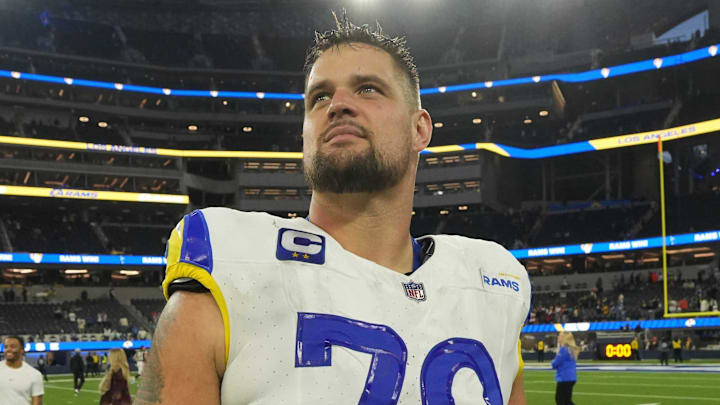 Dec 3, 2023; Inglewood, California, USA; Los Angeles Rams offensive tackle Rob Havenstein (79) reacts after the game against the Cleveland Browns at SoFi Stadium. Mandatory Credit: Kirby Lee-Imagn Images