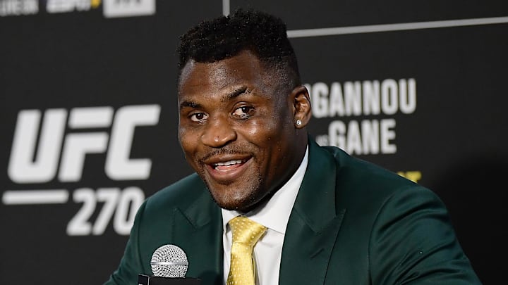 Jan 22, 2022; Anaheim, California, USA; Francis Ngannou speaks with media following his championship victory at UFC 270 at Honda Center. Mandatory Credit: Gary A. Vasquez-Imagn Images