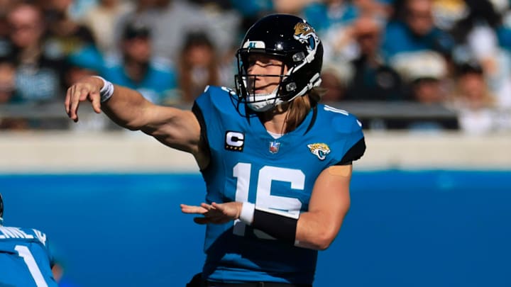Jacksonville Jaguars quarterback Trevor Lawrence (16) throws the ball during the first quarter of an NFL football matchup Sunday, Dec. 1, 2024 at EverBank Stadium in Jacksonville, Fla. [Corey Perrine/Florida Times-Union]