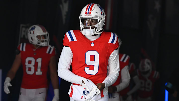 Dec 1, 2024; Foxborough, Massachusetts, USA; New England Patriots wide receiver Kayshon Boutte (9) walks out of the player's tunnel before a game against the Indianapolis Colts at Gillette Stadium. Mandatory Credit: Eric Canha-Imagn Images