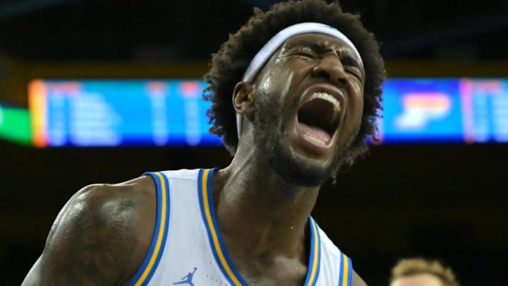 Jan 20, 2026; Los Angeles, California, USA;  UCLA Bruins guard Eric Dailey Jr. (3) reacts after a dunk in the first half against the Purdue Boilermakers at Pauley Pavilion presented by Wescom Financial. Mandatory Credit: Jayne Kamin-Oncea-Imagn Images