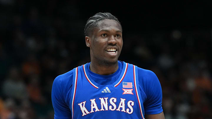 Nov 26, 2025; Las Vegas, NV, USA; Kansas Jayhawks forward Flory Bidunga (40) reacts in the second half against the Tennessee Volunteers in the 2025 Players Era Festival third place game at MGM Grand Garden Arena. Mandatory Credit: Kirby Lee-Imagn Images