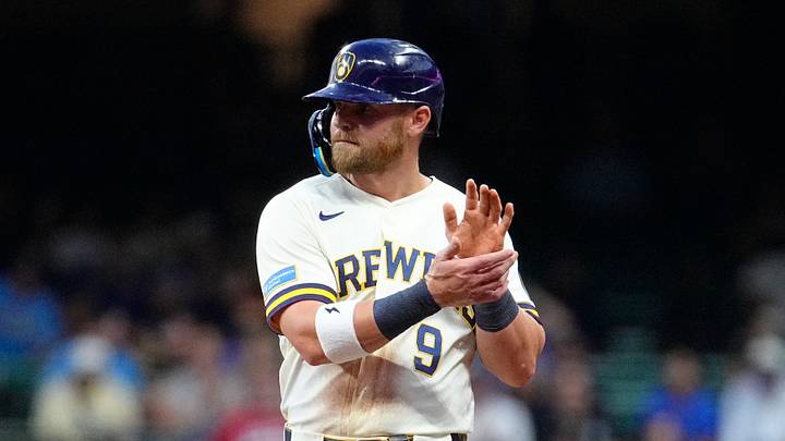 Aug 3, 2026; Milwaukee, Wisconsin, USA; Milwaukee Brewers first baseman Jake Bauers (9) celebrates second baseman David Hamilton (6) base hit against the Pittsburgh Pirates in the fifth inning at American Family Field. Mandatory Credit: Michael McLoone-Imagn Images Aug 3, 2026; Milwaukee, Wisconsin, USA; Milwaukee Brewers first baseman Jake Bauers (9) celebrates second baseman David Hamilton (6) base hit against the Pittsburgh Pirates in the fifth inning at American Family Field. Mandatory Credit: Michael McLoone-Imagn Images