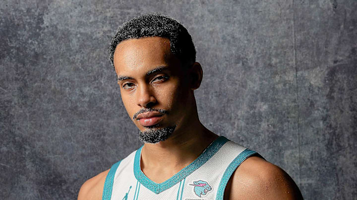 Oct 2, 2023; Charlotte, North Carolina, USA; Charlotte Hornets Amari Bailey (10) poses for a photo during Charlotte Hornets Media Day at the Spectrum Center. Mandatory Credit: Jim Dedmon-Imagn Images Oct 2, 2023; Charlotte, North Carolina, USA; Charlotte Hornets Amari Bailey (10) poses for a photo during Charlotte Hornets Media Day at the Spectrum Center. Mandatory Credit: Jim Dedmon-Imagn Images