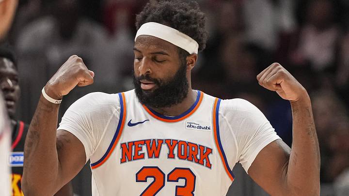 Apr 6, 2026; Atlanta, Georgia, USA; New York Knicks center Mitchell Robinson (23) reacts after scoring on a put back shot against the Atlanta Hawks during the second half at State Farm Arena. Mandatory Credit: Dale Zanine-Imagn Images