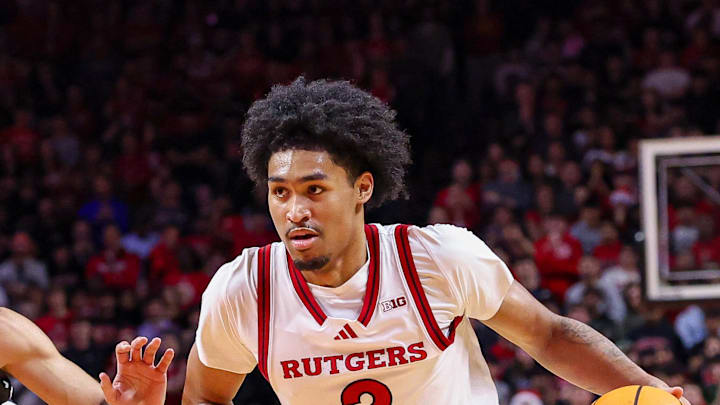 Dec 10, 2024; Piscataway, New Jersey, USA; Rutgers Scarlet Knights guard Dylan Harper (2) drives to the basket against Penn State Nittany Lions guard Freddie Dilione V (4) during the second half at Jersey Mike's Arena. Mandatory Credit: Vincent Carchietta-Imagn Images Dec 10, 2024; Piscataway, New Jersey, USA; Rutgers Scarlet Knights guard Dylan Harper (2) drives to the basket against Penn State Nittany Lions guard Freddie Dilione V (4) during the second half at Jersey Mike's Arena. Mandatory Credit: Vincent Carchietta-Imagn Images