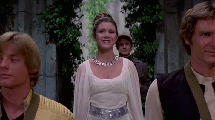 Star Wars: A New Hope. Luke Skywalker (Mark Hamill), Leia Organa (Carrie Fisher), Han Solo (Harrison Ford). Image Credit: StarWars.com