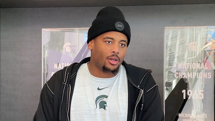 Michigan State defensive lineman Jalen Satchell speaks to the media on Oct. 29, 2025.