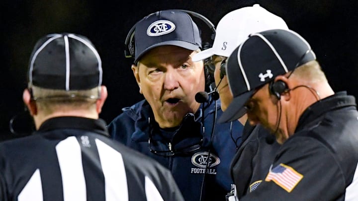 Mobile Christian head coach Ronnie Cottrell argues a call during AHSAA quarterfinal football playoff action at the Trinity campus campus in Montgomery, Ala., on Fiday November 24, 2023. Mobile Christian head coach Ronnie Cottrell argues a call during AHSAA quarterfinal football playoff action at the Trinity campus campus in Montgomery, Ala., on Fiday November 24, 2023.