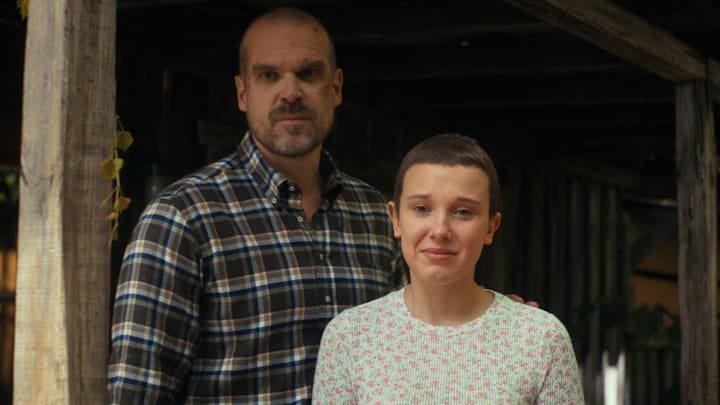 STRANGER THINGS. (L to R) David Harbour as Jim Hopper and Millie Bobby Brown as Eleven in STRANGER THINGS. Cr. Courtesy of Netflix © 2022