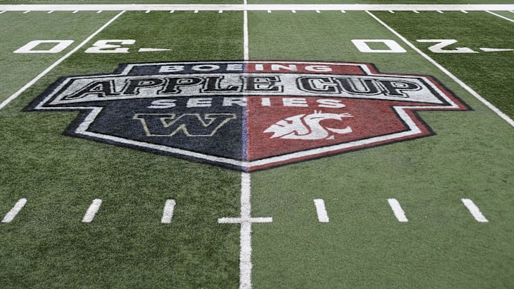 Nov 23, 2018; Pullman, WA, USA; This years Apple Cup logo is seen at Martin Stadium before a game between the Washington State Cougars and Washington State Cougars. Mandatory Credit: James Snook-Imagn Images Nov 23, 2018; Pullman, WA, USA; This years Apple Cup logo is seen at Martin Stadium before a game between the Washington State Cougars and Washington State Cougars. Mandatory Credit: James Snook-Imagn Images