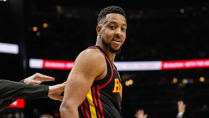 Apr 6, 2026; Atlanta, Georgia, USA; Atlanta Hawks guard CJ McCollum (3) reacts after making a shot from beyond half court that would have tied the game but was ruled after time expired against the New York Knicks during the second half at State Farm Arena. Mandatory Credit: Dale Zanine-Imagn Images