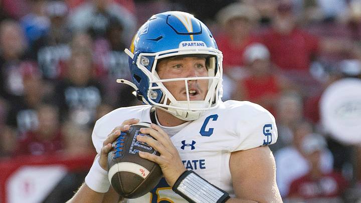 Sep 27, 2025; Stanford, California, USA; San Jose State Spartans quarterback Walker Eget (5) throws the football during the first quarter against the Stanford Cardinal at Stanford Stadium. Mandatory Credit: Stan Szeto-Imagn Images Sep 27, 2025; Stanford, California, USA; San Jose State Spartans quarterback Walker Eget (5) throws the football during the first quarter against the Stanford Cardinal at Stanford Stadium. Mandatory Credit: Stan Szeto-Imagn Images