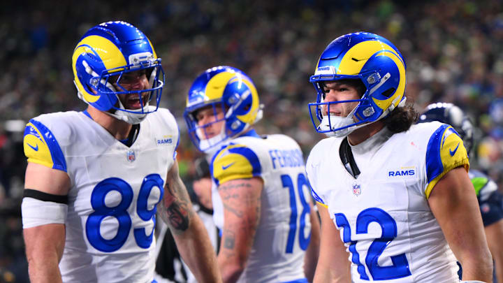 Jan 25, 2026; Seattle, WA, USA; Los Angeles Rams wide receiver Puka Nacua (12) celebrates after scoring a touchdown against the Seattle Seahawks during the second half in the 2026 NFC Championship Game at Lumen Field. Mandatory Credit: Steven Bisig-Imagn Images