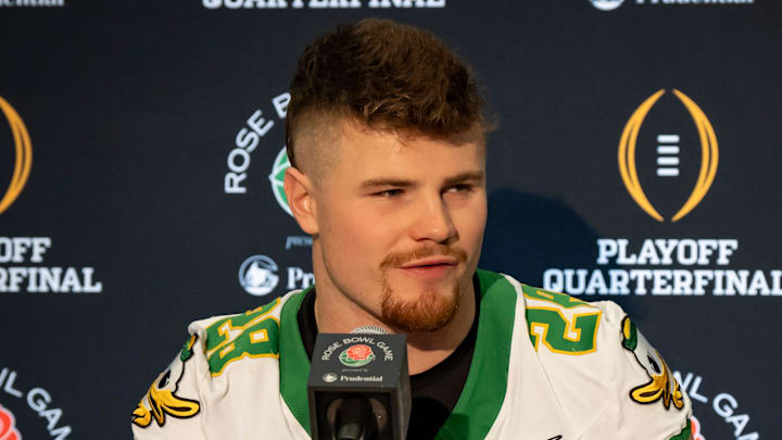 Oregon inside linebacker Bryce Boettcher speaks during media day for the Oregon Ducks in Los Angeles ahead of the Rose Bowl Monday, Dec. 30, 2024.