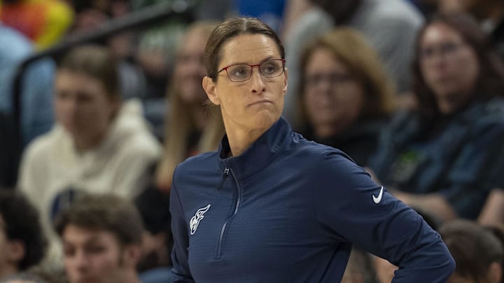 Aug 24, 2025; Minneapolis, Minnesota, USA; Indiana Fever head coach Stephanie White looks on against the Minnesota Lynx in the second half at Target Center. Mandatory Credit: Jesse Johnson-Imagn Images