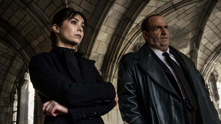 Cristin Milioti as Sofia Falcone and Colin Farrell as Oz Cobb in The Penguin