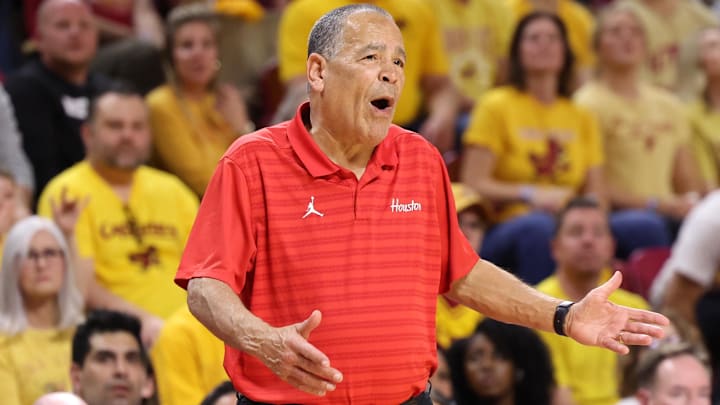 Feb 16, 2026; Ames, Iowa, USA; Houston Cougars head coach Kelvin Sampson watches his team play the Iowa State Cyclones during the first half at James H. Hilton Coliseum.