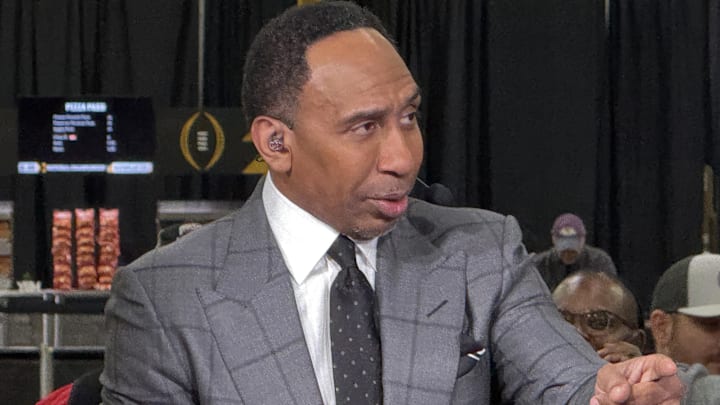 Jan 20, 2025; Atlanta, GA, USA; ESPN personality Stephen A. Smith on the ESPN First Take set at the CFP Fan Central at the George World Congress Center. Mandatory Credit: Kirby Lee-Imagn Images Jan 20, 2025; Atlanta, GA, USA; ESPN personality Stephen A. Smith on the ESPN First Take set at the CFP Fan Central at the George World Congress Center. Mandatory Credit: Kirby Lee-Imagn Images