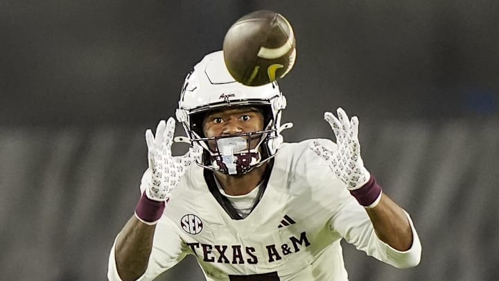 Nov 8, 2025; Columbia, Missouri, USA; Texas A&M Aggies wide receiver KC Concepcion (7) returns a punt during the second half against the Missouri Tigers at Faurot Field at Memorial Stadium. Mandatory Credit: Jay Biggerstaff-Imagn Images