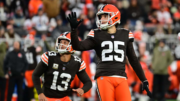 Nov 16, 2025; Cleveland, Ohio, USA; Cleveland Browns kicker Andre Szmyt (25) kicks a field goal during the first quarter against the Baltimore Ravens at Huntington Bank Field. Mandatory Credit: Ken Blaze-Imagn Images