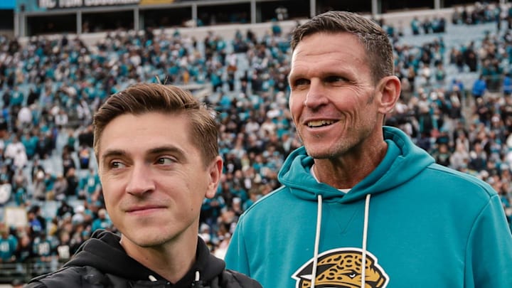 Jan 4, 2026; Jacksonville, Florida, USA; Jacksonville Jaguars executive vice president of football operations Tony Boselli and general manager James Gladstone look on after the game against the Tennessee Titans at EverBank Stadium. Mandatory Credit: Travis Register-Imagn Images Jan 4, 2026; Jacksonville, Florida, USA; Jacksonville Jaguars executive vice president of football operations Tony Boselli and general manager James Gladstone look on after the game against the Tennessee Titans at EverBank Stadium. Mandatory Credit: Travis Register-Imagn Images