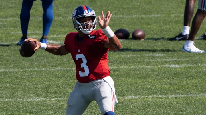 Aug 12, 2025; Florham Park, NJ, USA; at Atlantic Health Jets Training Center. The Giants and Jets participate in a joint practice at the Jets' training facility in Florham Park. New York Giants #3 Russell Wilson.