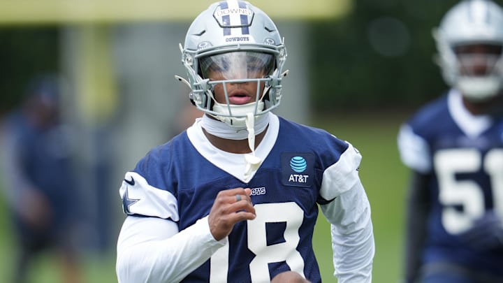 Dallas Cowboys DB Caleb Downs on the field during practice at the Ford Center at the Star Training Facility.