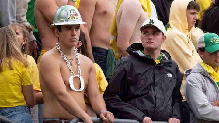 Oregon students look on in the fourth quarter as the Oregon Ducks host the Indiana Hoosiers Oct. 11, 2025, at Autzen Stadium in Eugene, Oregon.