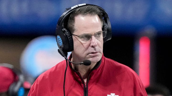 Indiana Hoosiers head coach Curt Cignetti walks the sideline Friday, Jan. 9, 2026, during the Peach Bowl and semifinal game of the College Football Playoff against the Oregon Ducks at Mercedes-Benz Stadium in Atlanta.