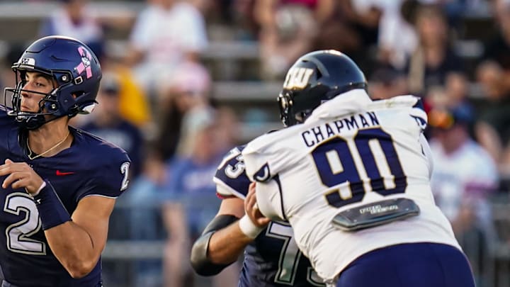 Oct 4, 2025; East Hartford, Connecticut, USA; UConn Huskies quarterback Joe Fagnano (2) throws a pass against the FIU Panthers in the third quarter at Pratt & Whitney Stadium at Rentschler Field. Mandatory Credit: David Butler II-Imagn Images